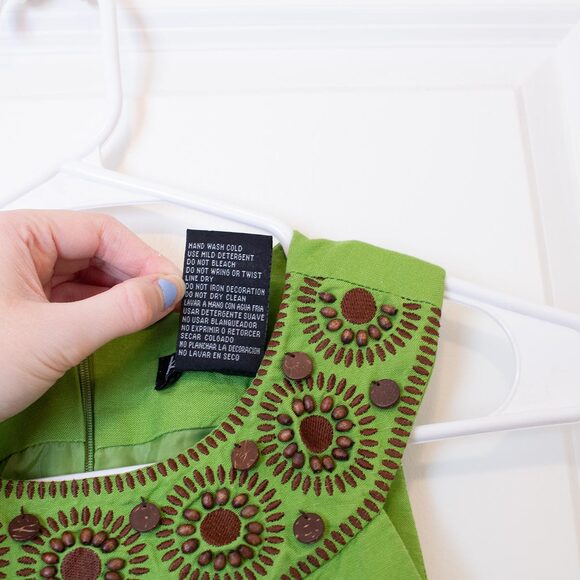 Boho VTG Bead Dress Linen Blend Embroidered Green Mini Sleeveless Bright Spring - Picture 8 of 9